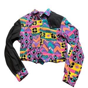 Vintage 90s Roughrider Shirt Geometric‎ Western Crop Top Bold Multicolor Size xs